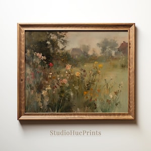 Printable Spring Wildflower Field Landscape Painting Vintage Nature Landscape Print Floral Wall Art Wildflower Print Rustic Farmhouse Decor