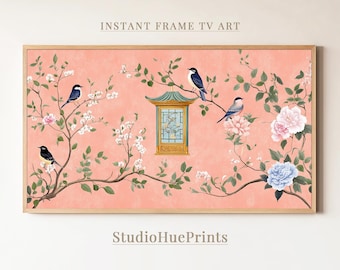 Spring Chinoiserie Frame TV Art, Chinoiserie Wall Art, Cottagecore Decor, Farmhouse Decor, Chinoiserie Floral TV Art, Digital Download