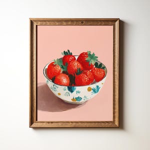 Bowl of Strawberries Painting Vintage Kitchen Art Strawberry Decor Vintage Coquette Fruit Painting Rustic Country Farmhouse Kitchen Decor