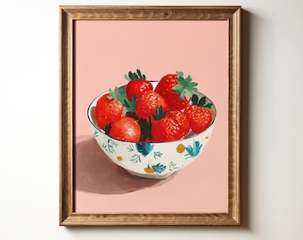 Bowl of Strawberries Painting Vintage Kitchen Art Strawberry Decor Vintage Coquette Fruit Painting Rustic Country Farmhouse Kitchen Decor