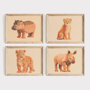 Set of 4 Safari Animal Prints, Printable Wall Art, Vintage Nursery Prints, Safari Nursery Decor, Digital Nursery Art, Baby Animal Prints