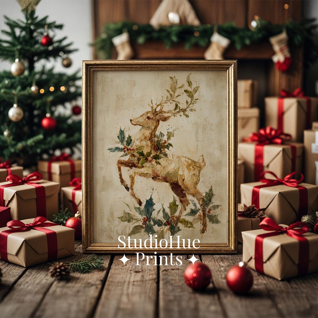 Vintage Reindeer Christmas Print, Rustic Christmas Printable Wall Art ...