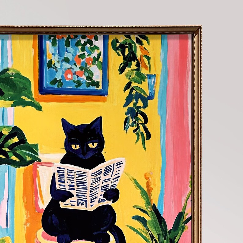 May include: A black cat sits on a chair reading a newspaper. The cat is in a room with yellow walls, pink and blue accents, and green plants.