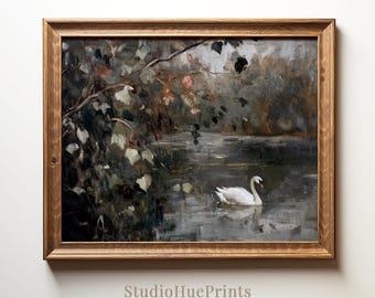 Schwan Kunstdruck | Vintage Schwan druckbare Kunst | Stimmungsvoller Schwan Ölgemälde | Bauernhaus Wand Kunst | Cottagecore Dekor | Digitaler Download