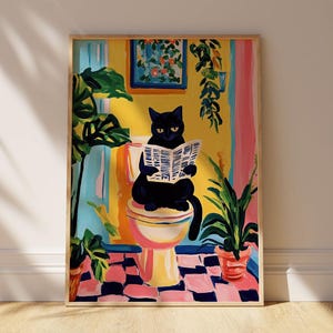 May include: A black cat sits on a pink and yellow toilet, reading a newspaper. The cat is in a bathroom with a yellow wall, a pink door, and green plants.