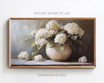 White Hydrangeas Frame TV Art, Floral Frame TV Art, Frame TV Art Spring, Hydrangea Oil Painting, White Hydrangea Art, Summer Frame Tv Art