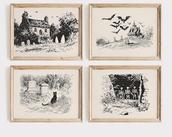 4 Stück Halloween Skizze Kunstdrucke, Vintage Halloween druckbare Wandkunst, Halloween Dekor, Halloween Galerie Wandkunst Set, Digitaldrucke