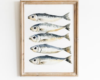 Sardines Print, Watercolor Sardines Printable Wall Art, Watercolor Kitchen Wall Art, Retro Fish Print, Seafood Decor, Dining Room Art