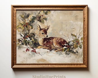 Vintage Christmas Winter Deer Print, Printable Wall Art, Christmas Deer Wall Art, Rustic Woodland Painting, Winter Wall Decor, Digital Print