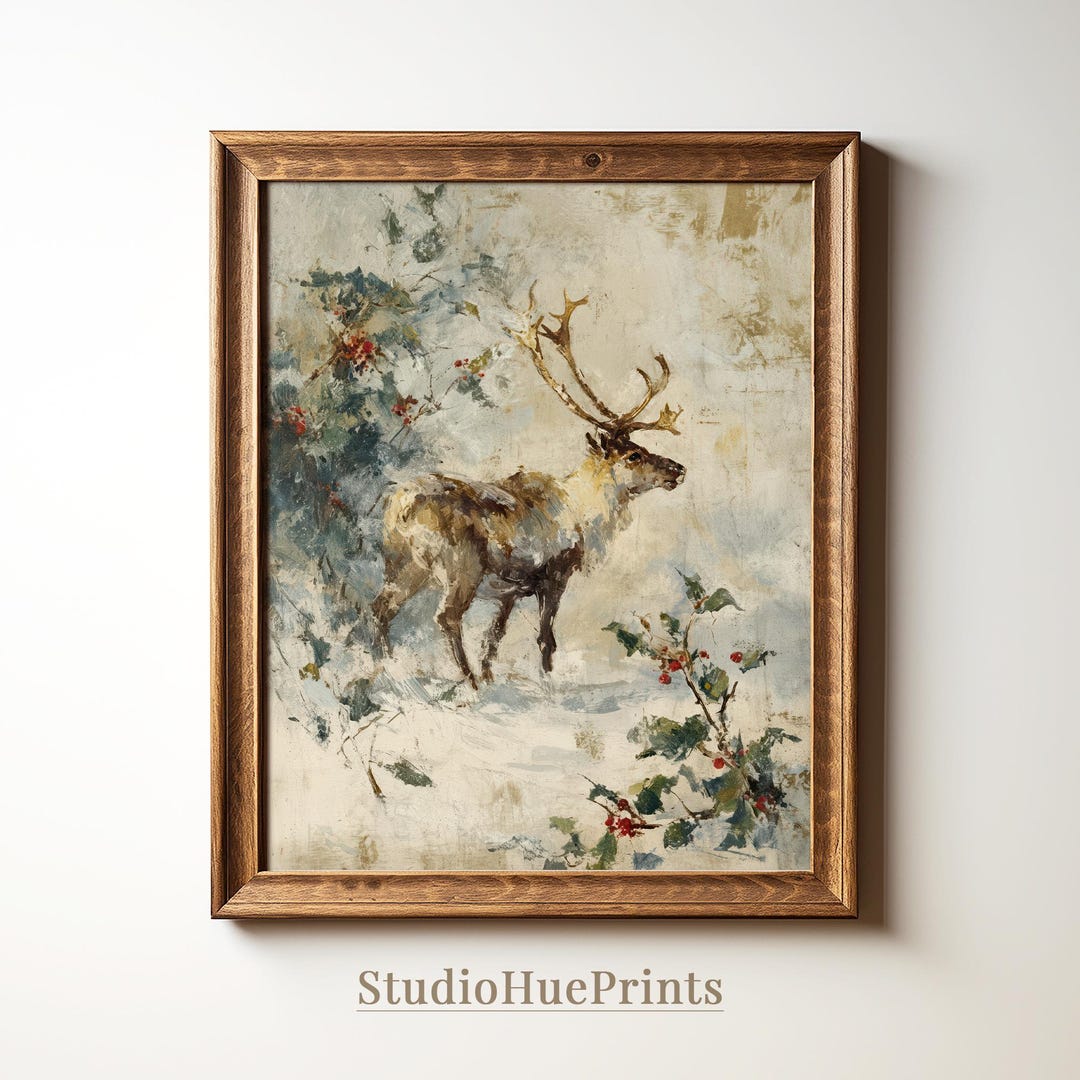 Vintage Christmas Reindeer Print, Printable Wall Art, Christmas Winter ...