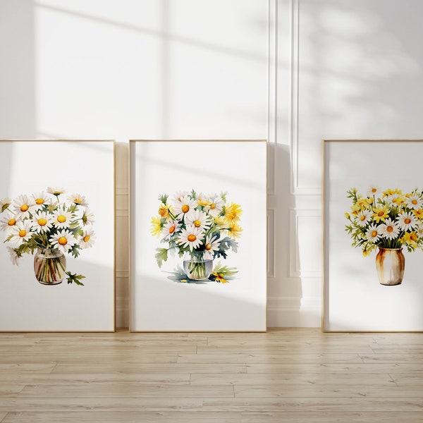 Watercolor Daisies Set of 3 Prints, Daisy Flowers Printable Wall Art, Printable Floral Wall Decor, Daisy Flowers Art Print, Digital Download