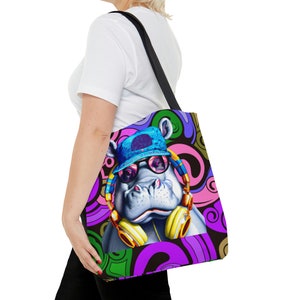 Hippo Tote Bag Hip Hop Graffiti Tote Bag Hippopotamus for Shopping Bag Groceries Travel Tote Funky Purse Music Lover Street art style bag