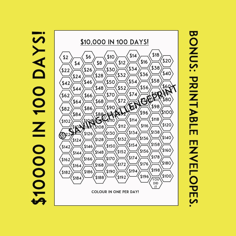 10,000 Money Saving Challenge Printable With Printable Envelopes | Save ...