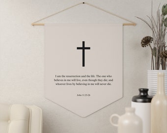 Johannes 11:25-16 Muur hangende Wimpel - Bijbelvers Muur Decor - Christelijke Woonkamer Kunst - Jezus Christus Tapijt - Huis Decor van het huis