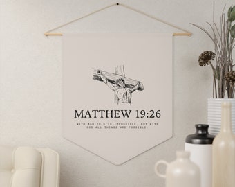Matthieu 19:26 fanion mural chrétien - décoration murale de versets de la Bible - oeuvre d'art pour le salon - tapisserie de Jésus-Christ - cadeau de fête des mères