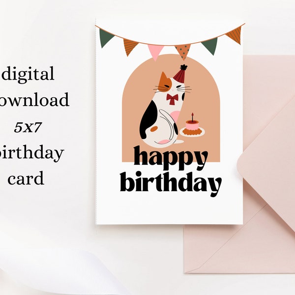 Printable Calico Cat Happy Birthday Card with Cake and Party Hat Modern Birthday Printable Retro Cat Card