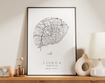 Lisbon Map Poster Lisboa Printable Map Lisbon Coordinate Poster Portugal Travel Gift Lisbon Wall Decor