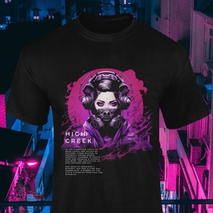Neon Dreams: T-shirt Cyberpunk Tokyo Geisha | T-shirt de masque à gaz violet futuriste