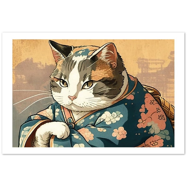 Kimono-Clad Cuddles: Adorable Ukiyo-e Cat Print- Japanese Art - Ukiyo-e Art Poster - Cat Lovers Art