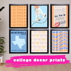 May include: A collection of six framed college decor prints. The prints feature phrases like "Eat 'Em Up!" and "Go Bearkats!", along with images of cowboy boots, a Texas map, and a guest check. The prints are in black frames.