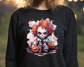 Cursed Chuckles: Glowing Red-Eyed Evil Clown Chibi Sweatshirt - Clown, Manga, Chibi, Gift, Scary, Halloween, Party, Creepy, Present.