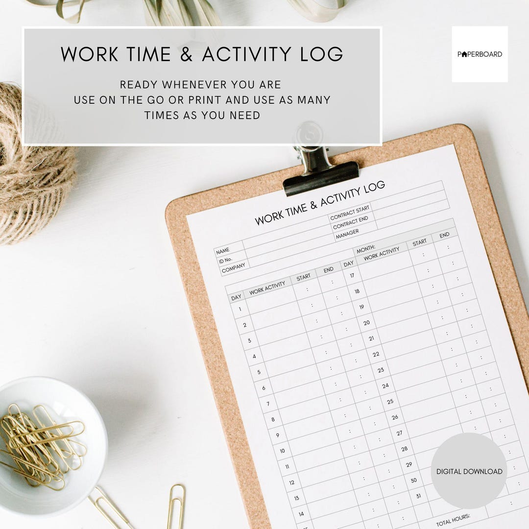 Employee timesheet work activity log timer tracker work log printable
