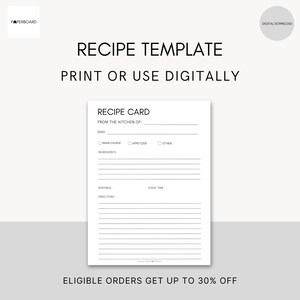 Recipe Card Template | Recipe Card Printable | Blank Recipe Card | Digital Recipe Card | Printable | Editable PDF | Minimalist