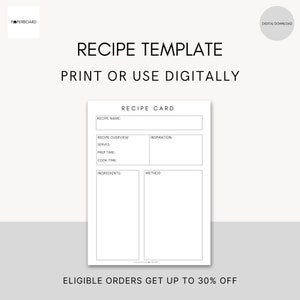 Recipe Card Template| Blank Recipe Card | Recipe Card | Recipe Card Printable | Digital Recipe Card | Printable | Editable PDF | Minimalist