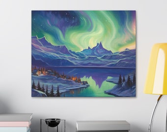 オーロラ、オーロラ、アラスカ先住民の芸術、森の絵画、雪の絵画