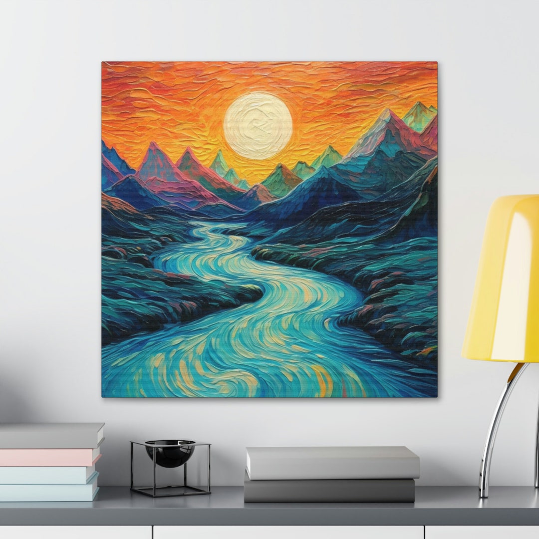 Mountain Sunset Painting Print, Abstract Mountain Sunset Wall Art ...