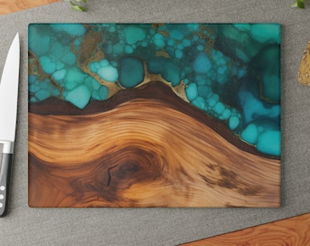 Glass Cutting Board, turquoise and brown cutting board, tampered glass cutting board, wood grain epoxy print, cutting board