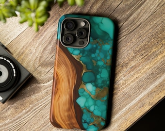 Nature iPhone 15 Tough Cases, Durable iPhone Case, Samsung Galaxy Phone Case, Turquoise Epoxy River Phone Case