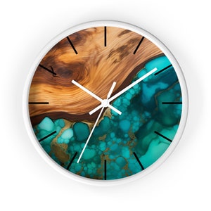 Epoxy Wood Print Wall Clock, Turquoise wall clock, Brown and blue wall clock, wall clock, beautiful wall clock, unique wall clock