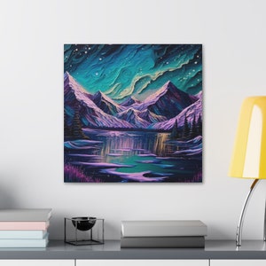 Northern Lights wall art, Starry night northern lights wall art, Alaska Mountain wall art, Van Gogh style wall art, northern lights art