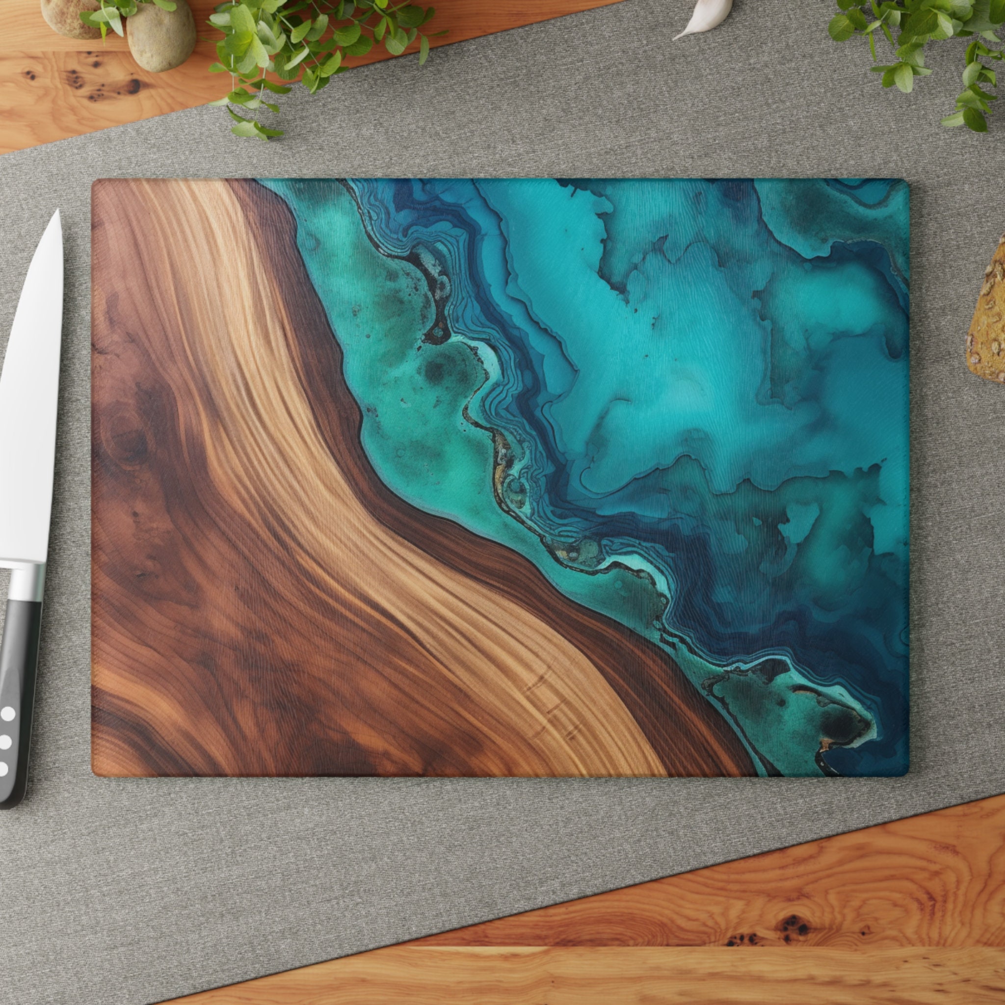 Glass Cutting Board, tempered glass cutting board, wood grain epoxy print, decorative cutting board, river table, kitchenware, kitchen