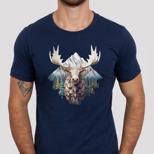 Camiseta unissex de manga curta Moose, camisa de alce, camisa de amante de alce, camisa de montanha de alce 3D, lembrança de alce, camisa de alce do Alasca