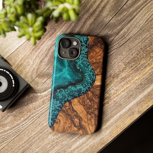 Coques résistantes en bois époxy, imprimées double couche, coques pour iphone 16-13, samsung galaxy et google pixel, cadeau coque de téléphone unique sur demande