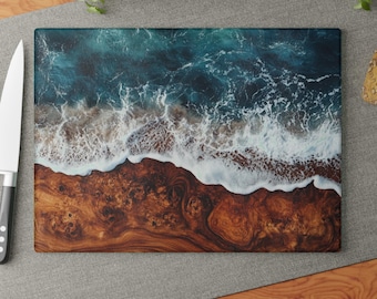 Wood grain ocean waves Glass Cutting Board wood epoxy printed glass cutting board gift for family kitchen accessory tempered glass