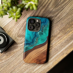 Epoxy Wood Print Tough iPhone Case, Samsung Phone Protector, Turquoise Phone Case, Flowing River Phone Case