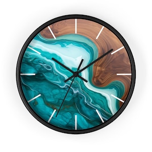 Turquoise and brown Wall Clock, river table wall clock, wood epoxy print on wall clock, unique wall clock, beautiful wall clock circular