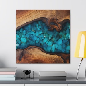 River Table Canvas Gallery Wrap, River Table Print, home decor, decorations, epoxy wood print, epoxy, wood, wall art, turquoise, brown