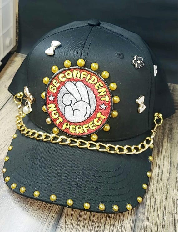 Be Confident Trucker Hat: Black & Gold Embellished Baseball 