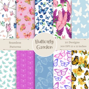 May include: Ten digital paper designs featuring watercolor butterflies in various colors and patterns. The designs are seamless and perfect for crafting projects, scrapbooking, and digital design. The text "Butterfly Garden" and "Seamless Patterns" is included in the image.