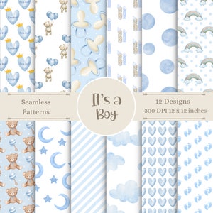 It&#39;s a Boy Digital Patterns | Baby Boy Seamless Paper| Blue Scrapbook Prints | Baby Shower Theme | Infant Background Art | Newborn Crafts