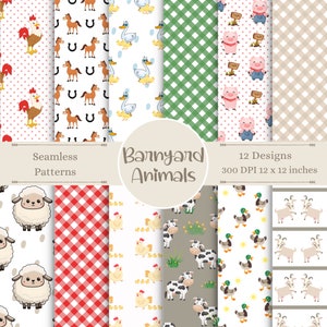 May include: Twelve seamless patterns featuring various barnyard animals, including a rooster, horse, goose, pig, sheep, cow, duck, and goat. The patterns are in a variety of colors and styles, including red and white gingham, green and white gingham, and brown and white polka dots. The patterns are 300 DPI and 12 x 12 inches.