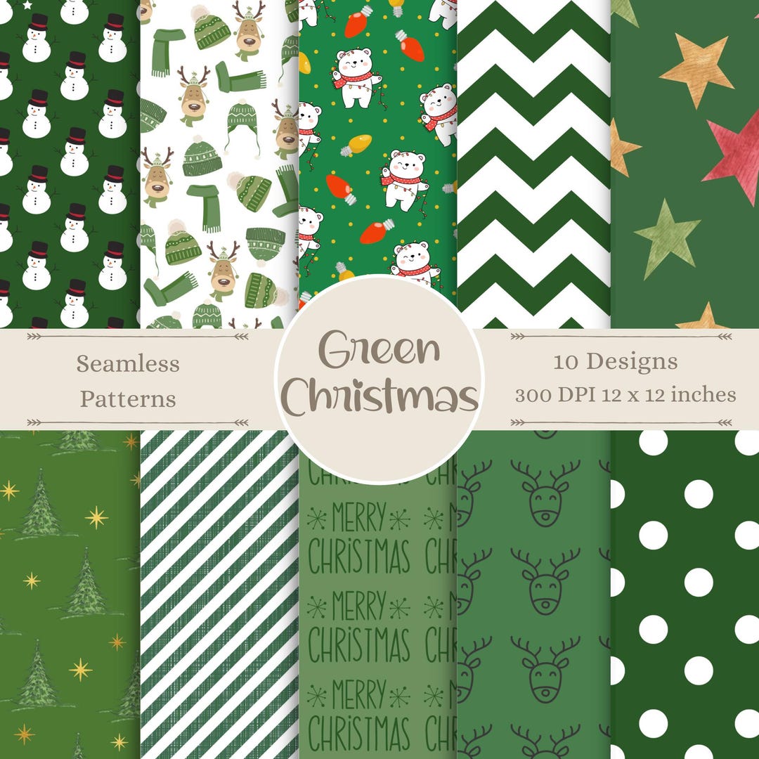 Green Christmas Digital Paper Crafts | Holiday Seamless Patterns ...
