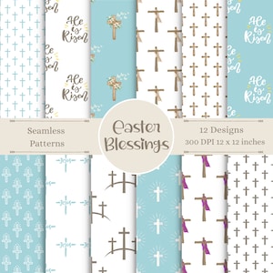 以下が含まれることがあります： 十字架、復活した、イエスという単語を繰り返した、さまざまなイースターテーマを特徴とする12種類のデジタルペーパーデザイン。デザインは青、茶色、白の色の組み合わせです。