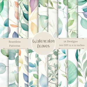 May include: Set of 18 watercolor leaf seamless patterns. The patterns feature various shades of green, blue, and yellow leaves on a white background.  Seamless Patterns, Watercolor Leaves, 18 Designs, 300 DPI 12 x 12 inches.
