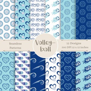 May include: Twelve digital paper designs featuring volleyball patterns in blue and white. The patterns include hearts, peace signs, flames, and volleyballs. The text "Volley ball" is in the center of the image. The text "Seamless Patterns" and "12 Designs 300 DPI 12 x 12 inches" are at the top and bottom of the image.