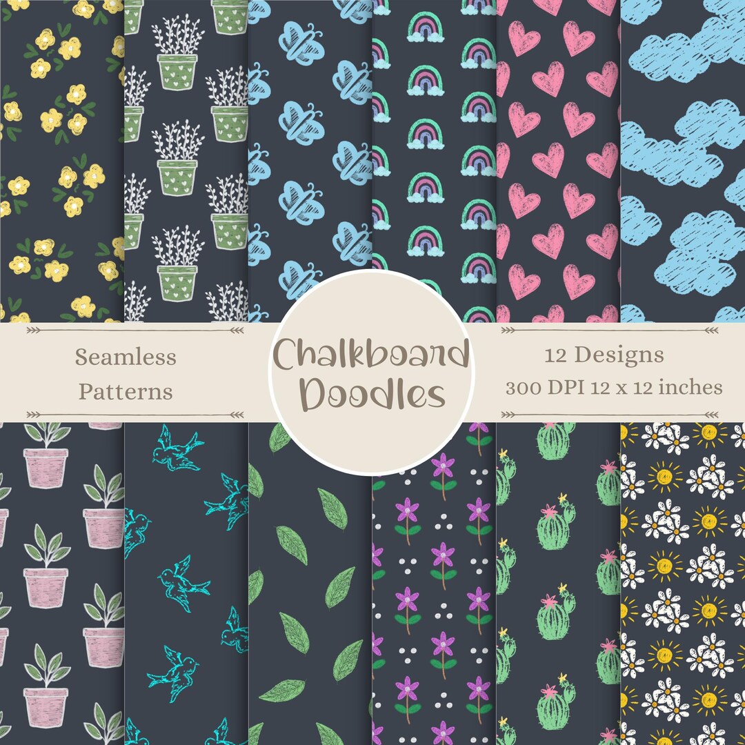 Chalkboard Doodle Digital Designs | Illustration Seamless Patterns ...
